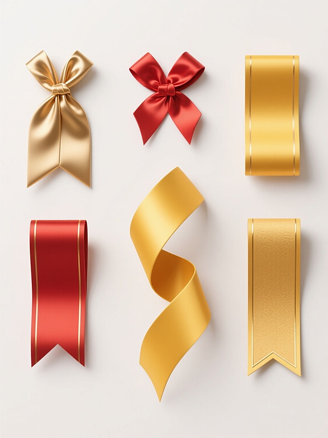 六个不同配色、不同样式、不同材质的飘带元素，以整齐的垂直排列方式展示在纯白色的浅色背景上。每个飘带都具有鲜明的色彩，包括红色、金色、黄色等，并呈现出多种样式，如顶部带有交叉褶皱的飘带、中部带有自然弯曲弧度的飘带、底部带有不对称剪裁的飘带等。飘带材质多样，有的呈现出光滑丝绸般的光泽感，带有细腻的高光和阴影过渡；有的则具有磨砂质感，色彩饱满且带有轻微的纹理；还有的边缘带有金色的描边装饰，增加了精致感。每个飘带都保持了独立的完整性，彼此之间有均匀的间距，整体构图简洁、清晰，视觉层级分明，具有现代设计感，适合用于装饰或信息传达的元素素材。