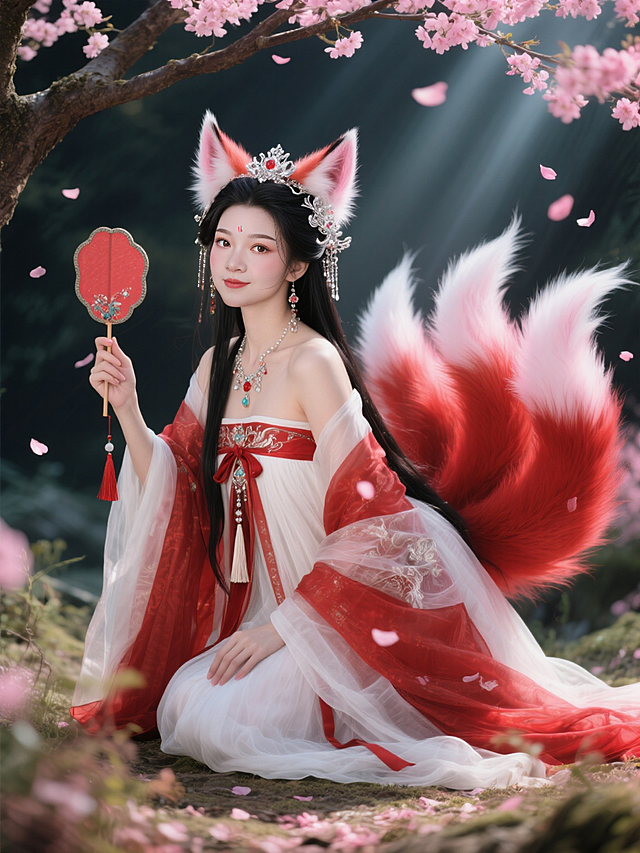 山海经九尾狐妖，含情眼，浅笑，眼尾上扬，大眼睛，手指精细。左手自然放着，右手拿着红玉手柄团扇，低头挑逗眼神看向镜头。精致银制头饰，珠宝。华丽红白古风多层长裙，长袖，精致首饰。流苏，乌黑长发垂落。头顶两侧竖立着一对毛茸茸的狐耳，耳朵内侧透着淡淡的粉色，身后许多条蓬松的大狐尾，尾尖带着淡淡的白色光芒。腰间系细丝带。跪坐，身体向前倾，桃花树下，红色尾巴，粉红色花瓣飘落，斑驳梦幻光影。精致妆容，露出肩膀，