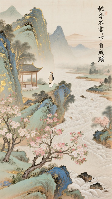 近处是几株繁花盛开的桃树和李树，绚烂蓬勃。中景是一条蜿蜒的江河，流向远方，视野尽头是朦胧的、一望无际的群山，寓意学生如桃李般遍布天下，事业与人生如江河般绵长宽广。老师在山腰的小亭中负手远望，欣慰而宁静预览效果