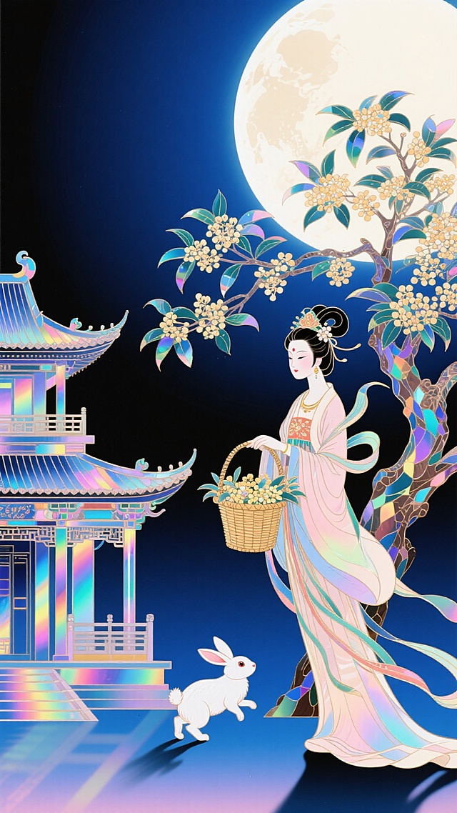 中式风格，华丽的广寒宫外，嫦娥衣摆飘逸，手提着一个装满桂花的精致竹篮，她的旁边是一棵茂盛的大桂花树，小玉兔在桂花树下玩耍，蓝黑色的天空，背景是一轮巨大的圆月。