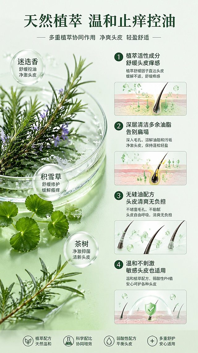 「图片1」，生成一套详情页，商品名称为丽刻舒止痒去油洗发水，适配抖音/快手平台，单图比例为9:16，需求屏数为8张。