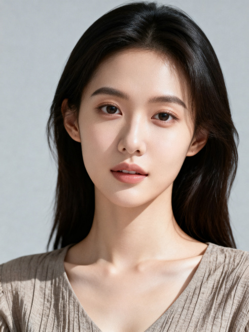 电商模特女性形象，20-28岁，气质清新自然，五官精致柔和，肤色透亮，身穿简约时尚的日常款女装，姿态自然得体，背景为简洁的浅灰色纯色背景，光影均匀柔和，适合电商服饰类商品展示使用，画面高清有质感预览效果