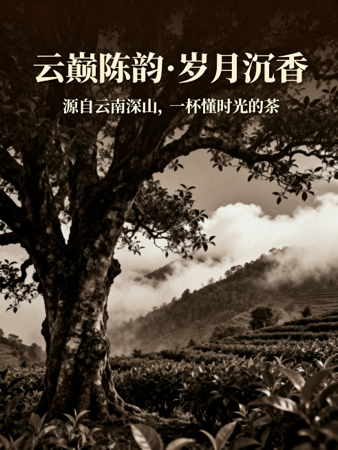 普洱茶宣传册封面，主标题“云巅陈韵·岁月沉香”，副标题“源自云南深山，一杯懂时光的茶”，文字清晰醒目，合理分布排版，背景为云南高山云雾缠绕的百年古茶树茶园，古朴典雅国风风格，高级质感宣纸纹理，沉稳深褐预览效果