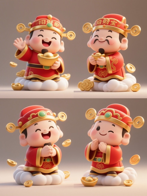 3D风格，Q版卡通财神形象，上下两行对齐排列共四个不同动作表情的财神，均身着红色镶金边传统服饰，头戴金色「招财进宝」帽，脚踩白色云朵，周围点缀金色元宝和祥云装饰，整体采用圆润造型，明亮柔和的色彩搭配，预览效果