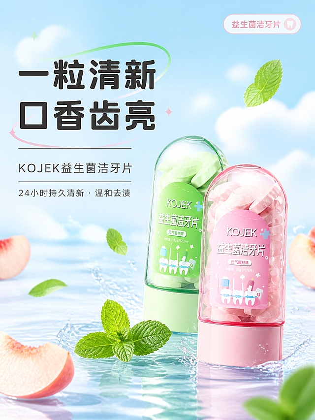 [商品] 使用【图7】绿色KOJEK益生菌洁牙片和【图8】粉色KOJEK益生菌洁牙片；保留透明胶囊瓶身、同色瓶盖、KOJEK品牌标签文字、瓶身卡通牙齿图案、内部片状洁牙片；两瓶自然摆放在画面中，绿色瓶略靠后、粉色瓶在前，形成层次。
[画面] 页面目标：首屏Banner，建立小清新清爽的品牌第一印象，打出核心卖点。构图：左文右品，左侧文字区占45%，右侧产品区占55%。主体：两瓶洁牙片放置在淡蓝色水面上，周围有轻微水花和薄荷叶片点缀，产品占画面约50%。背景：浅蓝渐变天空+柔软白云，底部淡粉色水面过渡，整体通透干净。前景点缀几片飘落的薄荷叶和水蜜桃切片，增加清新感。阅读动线：从左上主标题→左下副标题→右侧产品。
[视觉] 套系策略：风格=小清新清爽口腔护理商业摄影风；标题字=圆润粗黑体，可爱不失力量；正文字=纤细无衬线体，轻盈干净；主色=浅天蓝色；背景延展=基于浅天蓝做深浅渐变、云层质感、水面反光，同色系柔和过渡；强调色=浅蜜桃粉，仅用于小面积标签、图标、点缀元素；标题色=深炭灰/近黑色；正文色=中灰色；组件=圆角半透明白色信息卡、细线条装饰；光影=顶部柔和自然光，整体明亮通透，阴影柔和不生硬。
[文字] 左上位置主标题："一粒清新 口香齿亮"（8字，两行，超大加粗）；主标题下方副标题："KOJEK益生菌洁牙片"；再下方小字卖点："24小时持久清新 · 温和去渍"；右上角圆角小标签："益生菌洁牙片"。文字不遮挡产品主体。
[规格] 图片比例3:4竖版，resolution=2K，quality=medium，避免变形、错字、文字过小、产品颜色改变、瓶身文字错乱、暗沉沉闷色调、高饱和撞色。
