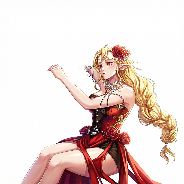 给线稿上色，女子为金发红眼，衣服饰品根据底色上色，提高画面亮度，打造强烈的明暗关系