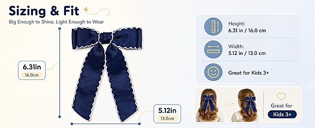 [商品] 使用【图2】【图1】深海军蓝罗纹缎带蝴蝶结发夹；保留双翼蝴蝶结、两条飘带、白色波浪锁边、罗纹缎带纹理；正面平铺角度清晰展示整体轮廓，不改变颜色和结构。
[画面] 尺寸规格信息页：左侧产品正面平铺大图加浅海军蓝细线尺寸标注（高度6.31in/16.0cm、宽度5.12in/13.0cm），右侧浅海军蓝圆角信息卡列规格，底部小图展示半扎发佩戴位置示意与适龄说明；产品占画面约60%，背景暖米白至浅海军蓝渐变，标注与图标形成三层信息层级。
[视觉] 套系策略：风格=跨境甜美学院风商业摄影；标题字=圆润无衬线粗体；正文字=简洁圆角无衬线体；主色=深海军蓝；背景延展=暖米白至浅海军蓝渐变、细腻棉麻与纸张质感；强调色=浅柠檬黄，仅用于小面积图标、引线和标签；标题色=深海军蓝；正文色=中灰蓝；组件=圆角浅底信息卡、细线引线、圆点标签；光影=柔和自然光。
[标题版式] 标题置于左上留白区，圆润无衬线粗体深海军蓝，副标题简洁无衬线中灰蓝，配细线引线连接尺寸标注，不遮挡产品。
[文字] 标题"Sizing & Fit"、副标题"Big Enough to Shine, Light Enough to Wear"；规格项"Height: 6.31 in / 16.0 cm"、"Width: 5.12 in / 13.0 cm"、"Great for Kids 3+"，全部横向排版，文字不遮挡蝴蝶结与飘带。
[规格] 61:25横版，4K，避免变形、错字、竖排文字、亚洲面孔、尺寸标注错乱、发夹结构改变、水印。