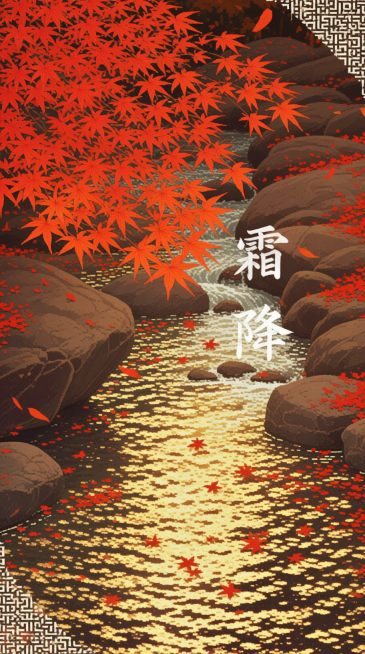 红得艳丽的枫叶树枝从左侧伸展而出，叶片似火，部分枫叶飘落。溪流在棕褐色岩石间蜿蜒，水流泛着金黄光泽，还漂浮着不少红枫叶，仿佛被秋叶与阳光浸染。右侧和左下角有带有几何花纹的装饰性图案，整体色彩浓烈。中间预览效果