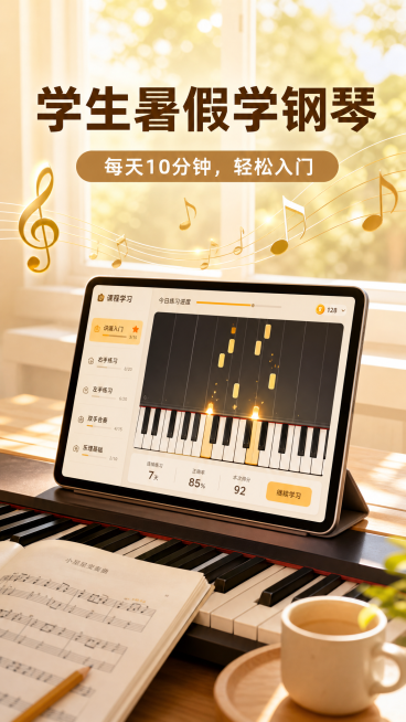 9:16竖版，中国国内信息流广告图，暖色调，自然光质感，简约现代风格，温暖柔和，无人物，高清细节，适合抖音、视频号、小红书投放，主题为"学生暑假学钢琴"，画面统一包含钢琴键盘、漂浮音符、柔和自然光，内预览效果