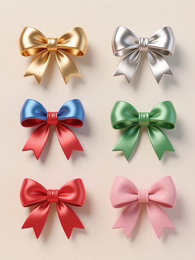 6个不同色彩的缎带蝴蝶结礼品装饰元素系列，保持3D渲染的光滑质感和立体光影效果，每个蝴蝶结采用不同颜色（如金色、银色、红色、蓝色、绿色、粉色），蝴蝶结造型有细微变化（如蝴蝶结大小、缎带宽度、结型细节），统一以浅色背景为底，元素规整排列成集合形式，整体构图平衡对称，色彩明快，具有节日礼品装饰感和设计感。