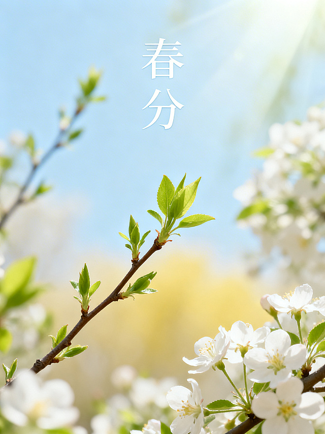 春分主题海报，主色调为浅蓝色、嫩绿色、浅黄、米白色，画面展现春天万物复苏的景象，包含发芽的枝条、盛开的春花、柔和春光，海报上添加清晰文案"春分"，整体风格清新自然。