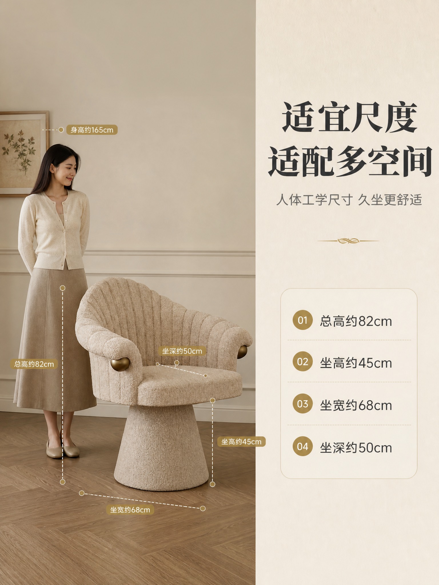 [商品] 使用【图1】米色贝壳造型单人休闲椅；保留整体结构、比… - 图片创意预览