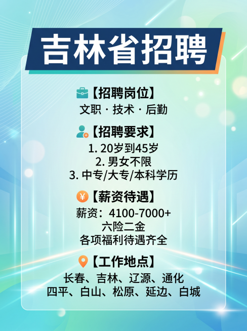 简洁清晰的招聘宣传图，竖版3:4，文字排版清晰，文字内容：吉林省招聘，岗位：文职 技术 后勤，要求：20岁到45岁，男女不限，中专大专本科学历，六险二金，薪资4100-7000+，各项福利待遇齐全，工预览效果