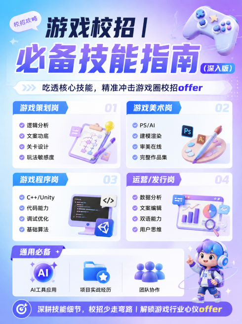 游戏校招｜必备技能指南（深入版）
吃透核心技能，精准冲击游戏圈校招offer
▷ 游戏策划岗
逻辑分析（校招重点：关卡逻辑/数值平衡）｜文案功底（剧情/道具描述）｜关卡设计（基础编辑器操作）｜玩法敏感预览效果