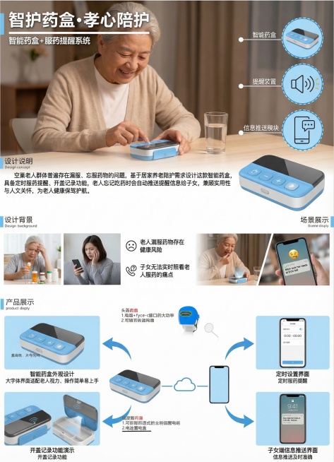 设计产品介绍海报，参照上传的户外送货者设计海报的版式风格，主题是智能药盒+服药提醒，作品名称为「智护药盒·孝心陪护」。顶部放置居家老人使用智能药盒的暖色调场景图，旁边标注产品核心部件：智能药盒、提醒装预览效果