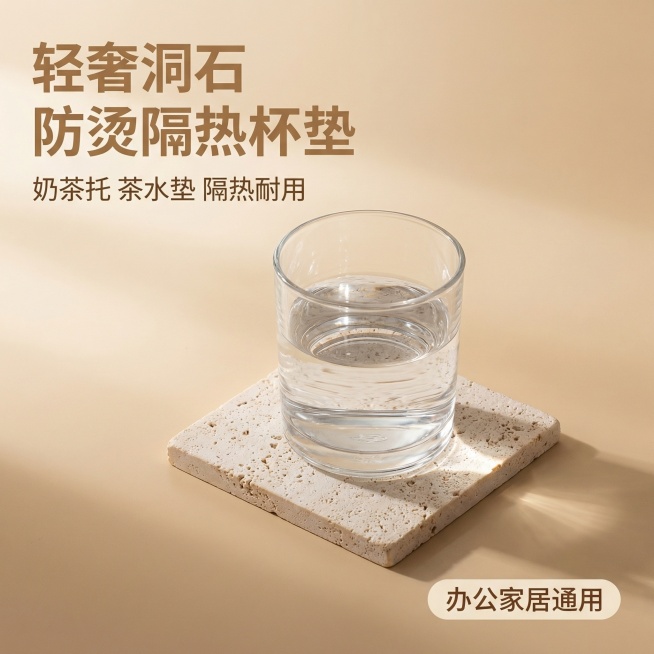 [主图 1 首图] 米黄色洞石质感方形杯垫，风格为办公简约，融入真实桌面使用场景，一杯透明玻璃杯放置在杯垫上，桌面干净整洁，暖调自然光柔和漫射，光影高级通透。主体产品居中放大，占比约60%，背景为暖米预览效果