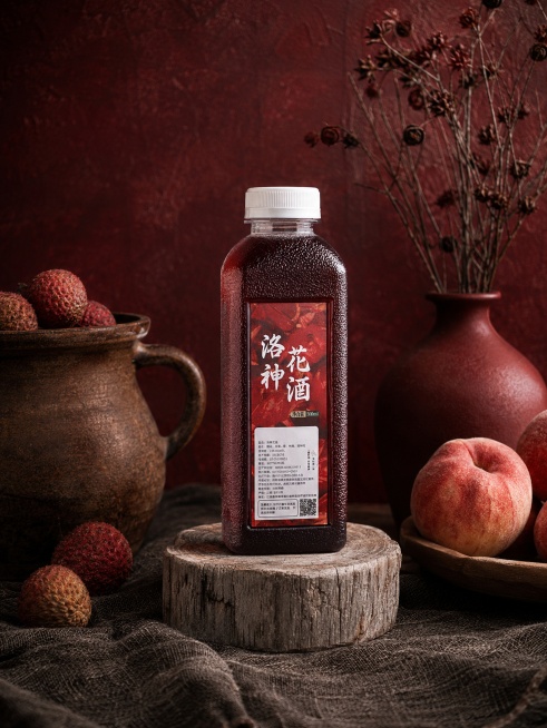 洛神花酒，严格参照上传产品图https://33
室内暗调桌面静物场景，深红复古色调。
搭配陶罐水果道具组合，侧斜45°自然光，产品受光面泛起深红亮色、暗部映射深木色光晕，与环境物理融合。
产品居中，预览效果