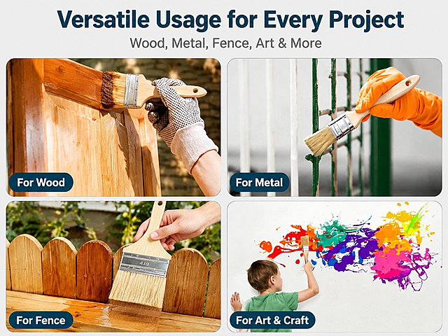 Amazon Premium A+ mobile versatile usage page, 2x2 four-scene grid layout showing Jenck paint brush in real applications. Top-left: wood door staining scene with gloved hand holding a 2-inch brush applying varnish to wooden cabinet door, label "For Wood". Top-right: metal fence painting scene with orange-gloved hand using 1-inch brush on green metal railing, label "For Metal". Bottom-left: outdoor wooden fence staining with 4-inch wide brush on picket fence, label "For Fence". Bottom-right: art/craft scene with colorful paint splashes on white wall and child using small brush, label "For Art & Craft". All brushes must have natural wood handle, silver ferrule, off-white flat bristles matching reference. Realistic outdoor and indoor lighting, authentic DIY home improvement scenes. Top main title in English: "Versatile Usage for Every Project", subtitle: "Wood, Metal, Fence, Art & More". Light gray background frame, clean rounded corners, professional Amazon A+ aesthetic. All text English only, no Chinese, no price.
