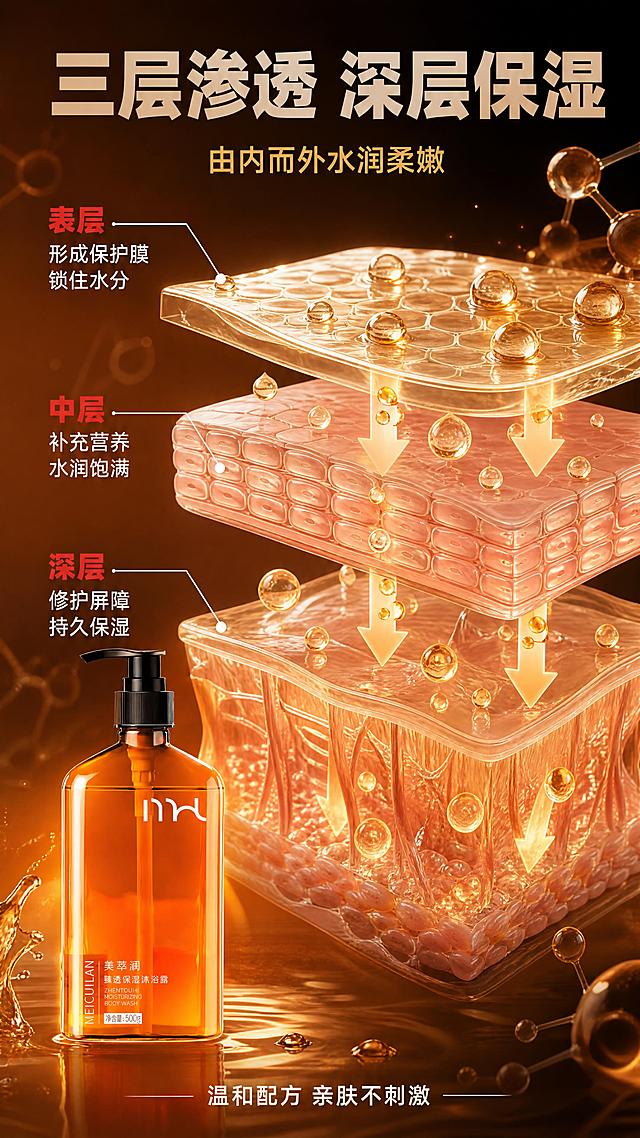 [商品] 使用【图1】美萃澜臻透保湿沐浴露；保留琥珀橙透明瓶身、黑色泵头、美萃澜品牌名、臻透保湿沐浴露字样；瓶身标签文字和图案保持原样。
[画面] 第5张 保湿原理，目标展示深层补水锁水修护肌肤屏障，剖面/爆炸图型。画面中央是肌肤剖面放大图，展示三层结构：角质层、表皮层、真皮层。用可视化方式表现保湿成分如何渗透肌肤：表层形成保护膜锁住水分，中层补充水分和营养，深层修护肌肤屏障。用箭头和引线标注渗透路径和各层作用。产品瓶放在画面左下角，保持原图外观。背景为深琥珀色科技感渐变，有淡淡的分子结构光效和水滴。整体专业有科技感。
[视觉] 套系策略：风格=拼多多高性价比+高端琥珀橙香商业摄影；标题字=粗黑体大字；正文字=清晰无衬线体；主色=琥珀橙+暖金；背景延展=深琥珀科技渐变+分子光效；强调色=正红色，仅用于重点标注；标题色=深棕色；正文色=浅灰色；组件=剖面结构图、引线标注、箭头路径；光影=科技感柔光，结构层次清晰。
[文字] 顶部大标题「三层渗透 深层保湿」深棕色粗体；副标题「由内而外水润柔嫩」暖金色；引线标注：表层 形成保护膜 锁住水分；中层 补充营养 水润饱满；深层 修护屏障 持久保湿。底部小字「温和配方 亲肤不刺激」。文字全部横向排版。
[规格] 图片比例9:16竖版，4K，避免变形、错字、文字过小、绝对化用语、平台Logo、虚假功效承诺。