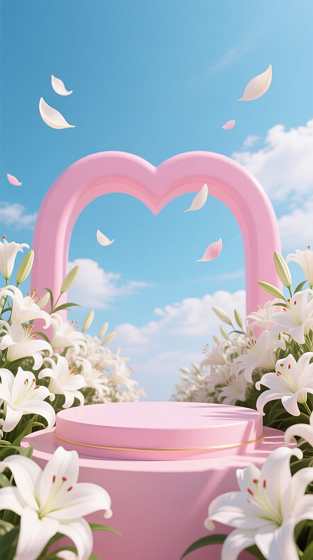 软3D风梦幻场景，粉色心形拱门与洁白百合环绕，花瓣飘落，营造甜蜜浪漫的虚拟自然氛围，清新柔和，充气感十足。