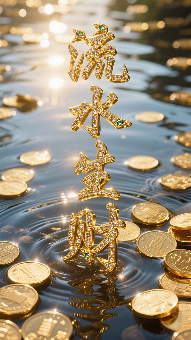 主体为金子做的“流水生财”，上面镶嵌珠宝，毛笔书法字体竖排版，背景：金币散落在清澈水中，暖阳光在硬币和水波纹上投射清晰高光与阴影，奢华金色调，硬币表面和水纹的精细纹理，散点构图带局部扎堆，浅景深模糊背景