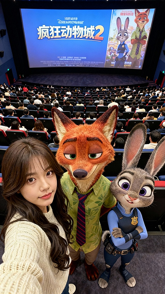 电影《疯狂动物城2》首映礼现场，真人与动画角色同框合影，3D建模融合实拍，营造沉浸式观影体验，节日氛围浓厚。