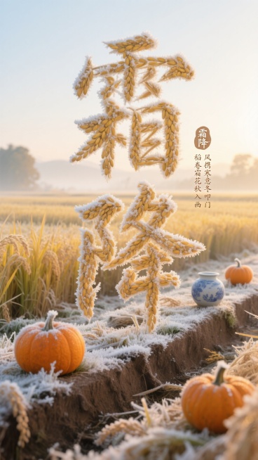 画面主体是由金黄稻穗、晶莹霜花编织成的 “霜降” 大字，大字下方是覆着薄霜的褐色田埂，田埂边散落着饱满的橙黄南瓜；有浅棕色手写小字横排“稻卷霜花秋入画，风携寒意冬叩门”，左侧陶瓷质感蓝白印章印 “霜降预览效果