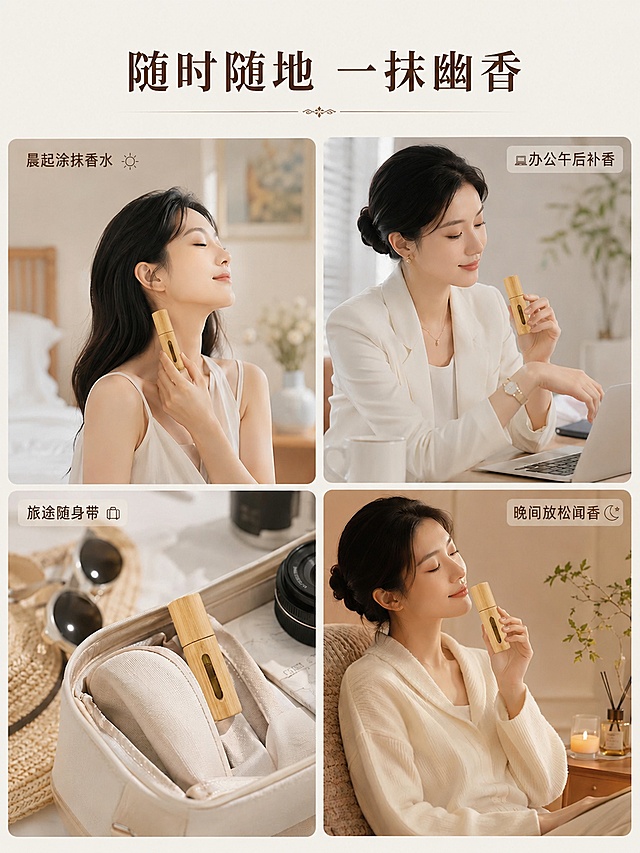 [第x屏] 多场景使用种草-水擎沉香香水不同时刻使用场景展示，替换瓶身改为真实竹制瓶。本屏替换所有香水瓶为图2的产品，保持产品外观结构颜色与图2一致。
[氛围/风格] 日常自然生活化，温馨氛围感，商业摄影质感。
[元素布局] 采用2-2格拼图排版，四个场景分别展示：晨起涂抹香水、办公午后补香、旅途随身带、晚间放松闻香。每个小场景都将原玻璃瓶替换为图2的竹制滚珠沉香香水，保持产品外观、结构、颜色与图2一致，四个场景自然拼接，整体干净不拥挤。保持人物姿态、场景背景不变，只替换瓶身。
[光影质感] 每个场景都使用柔和自然光，整体光影均匀温馨，产品清晰，与场景光影融合自然。
[配色色系] 全局底色 #f8f5f0，每个场景背景都是浅色系低饱和，统一自然风格，产品颜色与原图一致。
[视角构图] 四格拼图排版，每个场景独立完整，构图均衡，保持原有构图不变。
[文字版式] 顶部大标题「随时随地 一抹幽香」，每个小场景角落标注场景名称，字体深棕色，大小合适清晰不遮挡产品，保持原有文字排版不变。
[比例分辨率] 3:4竖版比例，宽度：1536，高度：2048，4K分辨率，文字清晰可辨，高清画质。
[负向提示词] 产品变形，文字错乱，颜色偏差，水印，背景杂乱，人物结构错误。