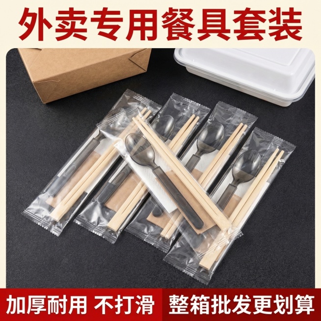 一次性筷子四件套电商主图，1:1比例。顶部核心信息区主标题为“外卖专用餐具套装”，红色粗体字醒目。中部商品展示区居中放置上传的一次性筷子四件套产品，多套产品错落摆放展示，背景为深灰色高级质感，顶部有模预览效果