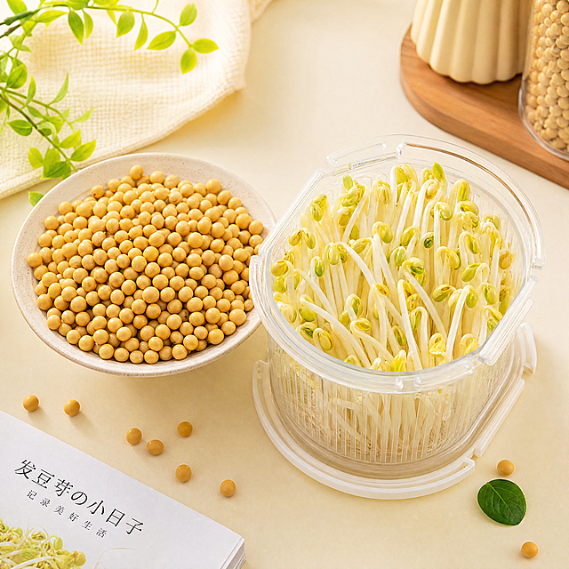 超写实食品摄影。
主体：碗里装满嫩江黄豆，旁边放一个透明发豆芽容器，容器里有刚发好的新鲜嫩豆芽，豆芽白嫩粗壮。
构图：45度俯拍，主体居中。
风格：温馨生活化，国内电商种草氛围。
场景：干净浅色桌面背景。
配色/材质：淡黄色/白色/嫩绿色；陶瓷碗/黄豆/透明塑料/豆芽。
光影：主光为明亮自然暖光，清晰展示豆芽和黄豆的新鲜质感，整体暖调，无明显硬阴影。
严格锁定宽高比为 1:1。