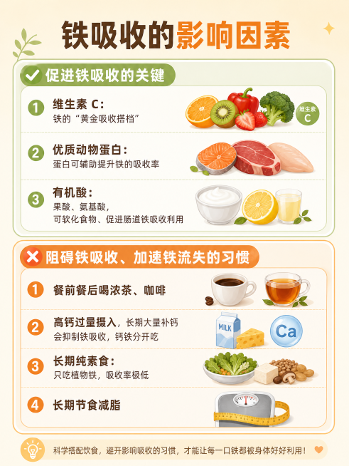 公众号营养知识科普贴图，延续前两张的风格，主标题：铁吸收的影响因素，分为两个板块：✅促进铁吸收的关键，包含1.维生素C：铁的“黄金吸收搭档”；2.优质动物蛋白：蛋白可辅助提升铁的吸收率；3.有机酸：果预览效果