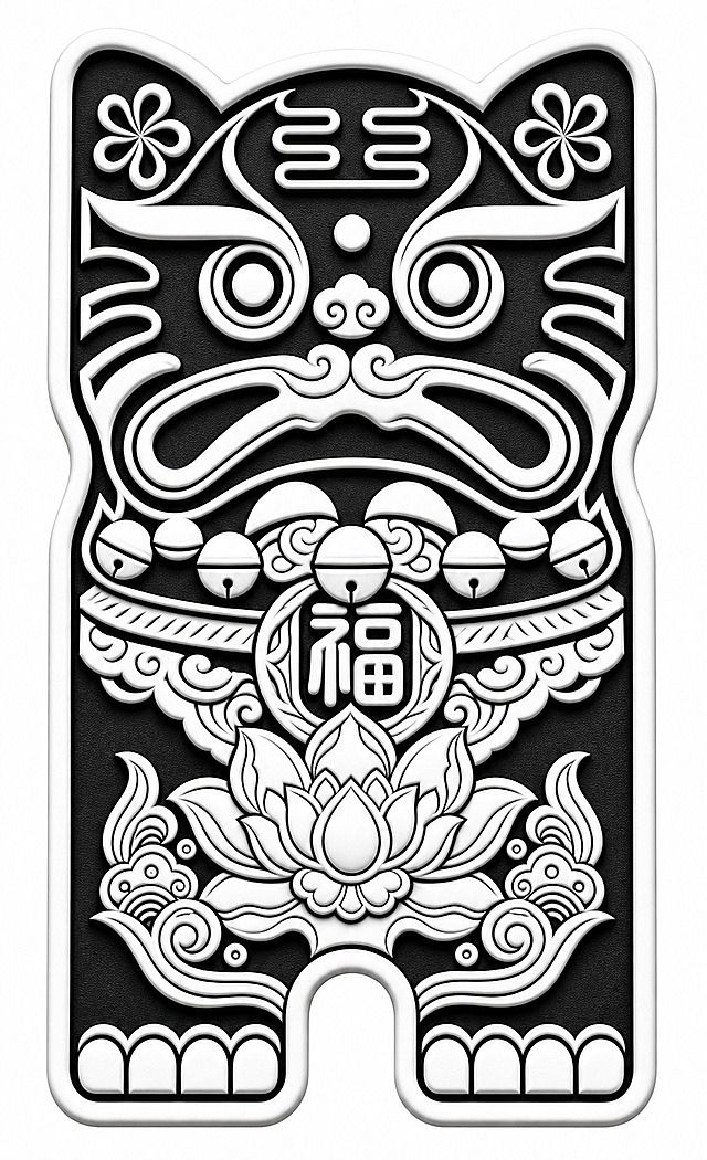 参考图一的铜质瑞兽凹凸浮雕结构，将图二的黑白线稿瑞兽图案制作成凹凸浮雕效果：凹陷（凹进去）的部分填充纯黑色，凸出（凸起）的部分填充纯白色。严格按照图二的图案轮廓和内部纹样进行凹凸处理，参考图一的浮雕层次逻辑——眼睛、鼻子、胡须、铃铛、福字、莲花等主要造型为凸起（白色），背景和凹陷沟槽为黑色。整体呈现清晰的黑白浮雕效果，线条干净，背景为纯白色
