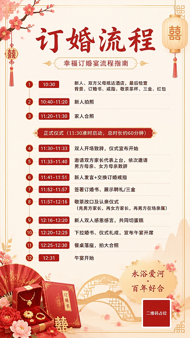 新中式浪漫喜庆风格订婚流程海报，整体设计干净正式，信息分区清晰，配色为柔和红色搭配浅金。主标题"订婚流程"，副标题"幸福订婚宴流程指南"，下方清晰排版完整的流程文字：
1. "10:30" 新人、双方父母抵达酒店，最后检查背景、订婚书、戒指、敬茶茶杯、三金、红包
2. "10:40–11:20" 新人拍照
3. "11:20-11:30" 家人合照
正式仪式（"11:30"准时启动，总时长约"60"分钟）
4. "11:30–11:33" 双人开场致辞，仪式宣布开始
5. "11:33–11:40" 邀请双方家长代表上台，依次邀请男方母亲、女方母亲致辞
6. "11:41–11:51" 新人发言+交换订婚戒指
7. "11:52–11:57" 签署订婚书、展示聘礼/三金
8. "11:57–12:16" 敬茶改口及认亲仪式（先男方家长，再女方家长，再男方在场亲属）
9. "12:16–12:20" 新人双人感恩感言，共同切蛋糕
10. "12:20–12:25" 下拉婚书、仪式礼成，宣布午宴开席
11. "12:25-12:30" 餐桌落座，拍大合照
12. "12:31" 午宴开始
右下角装饰文字"永浴爱河 · 百年好合"，整体排版精美，四边留足安全边距，所有文字清晰可读，所有数字必须精确渲染，不得错位、遗漏或编造。画面中所有二维码区域使用纯色方块占位符呈现，方块中央标注"二维码占位"文字，严禁生成任何可识别的二维码图案。