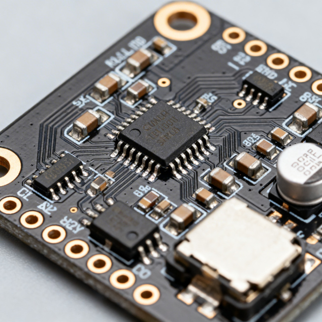 产品细节特写图，放大展示航模降压模块的PCB电路板、电子元器件和焊点细节，突出工业设计和焊接工艺品质，浅灰色背景，专业工业特写摄影，清晰展现线路板走线和元件布局，高清锐利画质预览效果