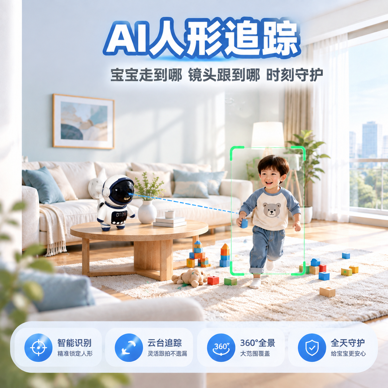 将图中的宇航员造型监控摄像头从墙面安装改为放置在客厅的木质茶几… - 图片创意预览
