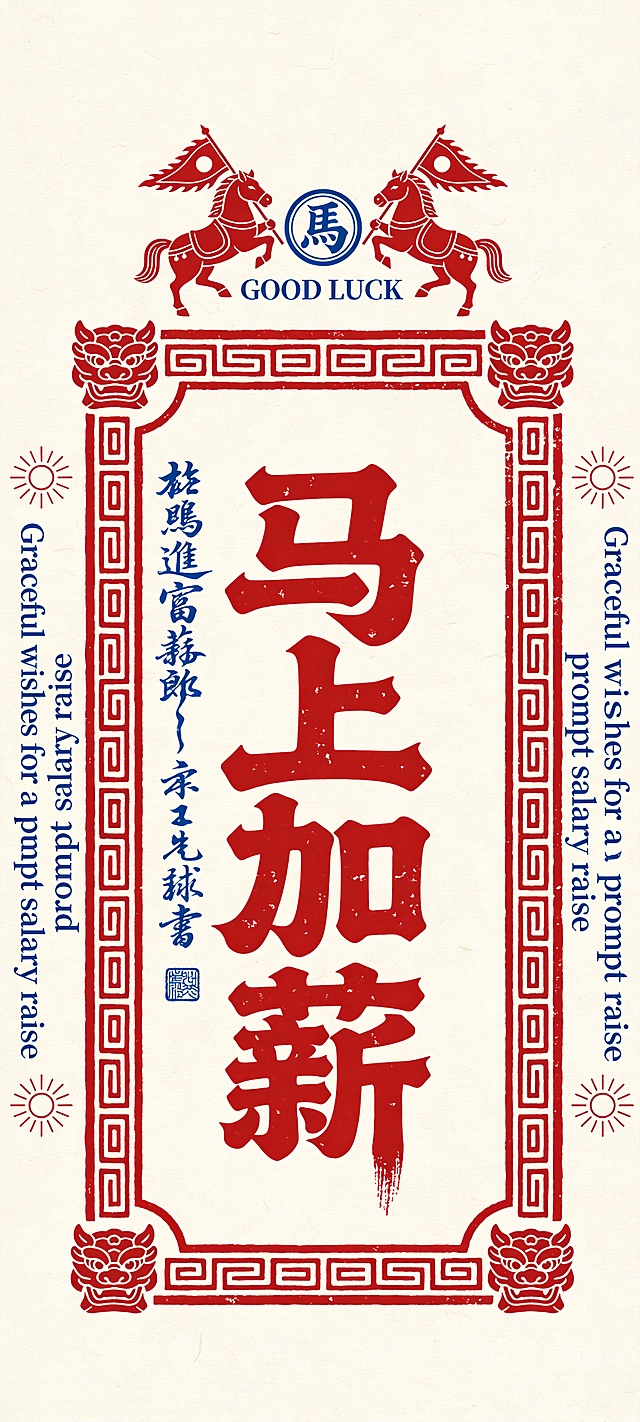 国潮风版画设计，红蓝配色凸显中式复古与喜庆感，大字风“马上加薪”搭配马纹图腾，印刷质感十足，传递新春祝福与升职好运。
