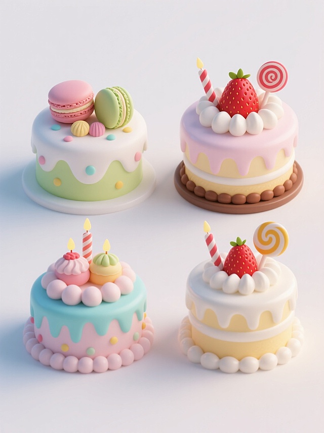 4个不同外观、样式、配色的生日蛋糕，白色背景，排列整齐，3D渲染风格，高细节，光滑奶油质感，柔和光影，顶部装饰有马卡龙、草莓、棒棒糖等甜点元素，色彩丰富明快，立体感强，精致可爱，适合生日主题。