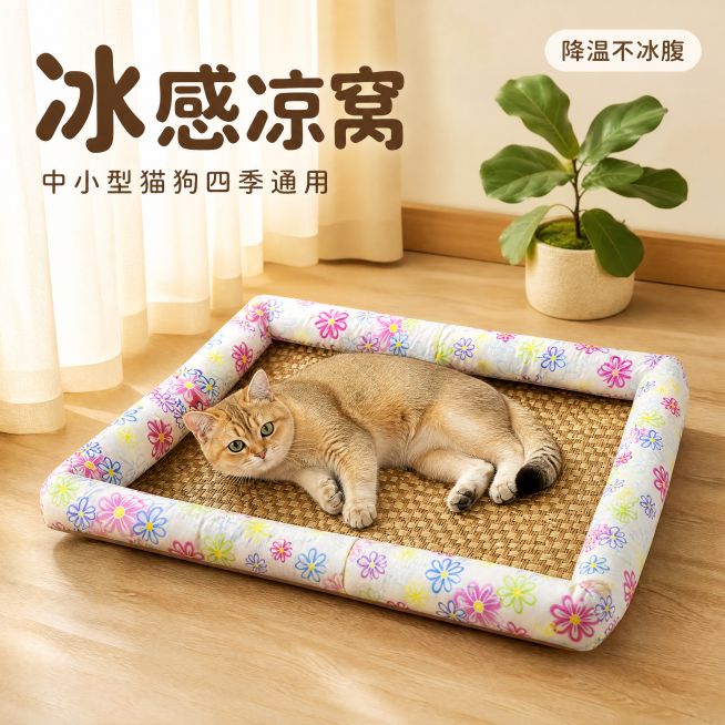 [主图-1] 手工棉帆布宠物凉席窝首图，清新田园碎花风格，猫咪慵懒趴卧在窝中。氛围是清新自然治愈的田园风；画质要求商业摄影质感，光线柔和通透，产品清晰真实，画面干净高级；保持宠物窝的外观（物理结构、材预览效果