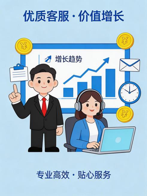 企业客服服务商务办公宣传竖版海报，扁平化矢量插画风格，现代商务卡通设计，画面主体：一位站立的男性商务人员，穿黑白西装、红领带，抬手比出1的手势；一位坐着的女性客服，穿蓝色开衫、白内搭，佩戴头戴式客服耳预览效果