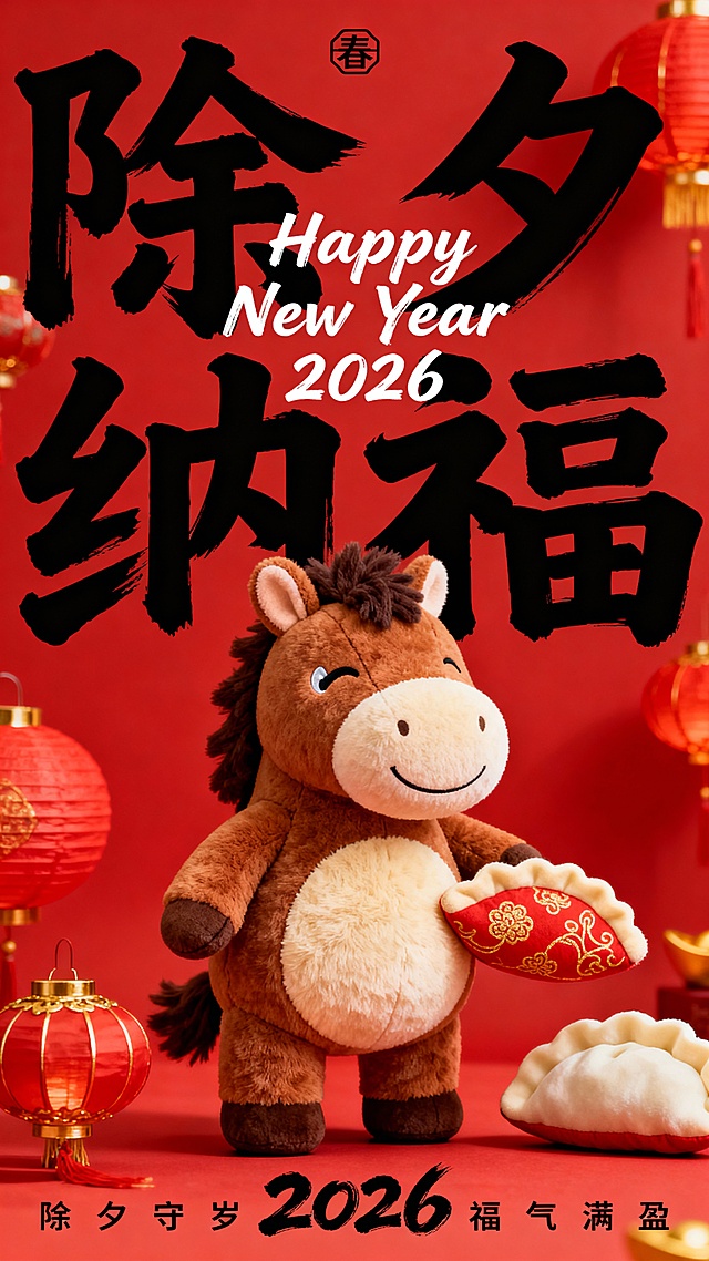 纯正面小马，Q 版棕褐配色的拟人毛绒小马公仔（腹部是浅米色毛绒，单眼眯起微笑，鬃毛为深棕短绒质感，圆鼓鼓的肚子），站立，一手抱红底金纹饺子造型抱枕；大红色背景，搭配红 / 金（灯笼、饺子抱枕）；正面的小马公仔位于画面中下部核心区域；画面上部排布大号黑色毛笔大字 “除夕 纳福”（笔触清晰），中间叠印白色手写体英文小字 “Happy New Year 2026”，画面顶部有小型 “春” 字图形标识，底部有黑色很小的字 “除夕守岁 2026 福气满盈”（2026  为毛笔字体）。