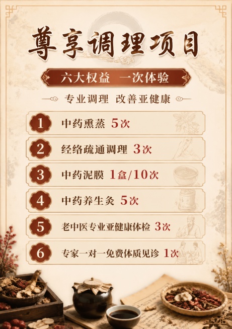 A4竖版中医养生调养小卡反面，传统中式设计风格，整体色调采用中医养生典雅暖色调，主标题“尊享调理项目”，副标题“六大权益 一次体验”，装饰文字“专业调理 改善亚健康”，项目列表清晰展示：1.中药熏蒸5预览效果