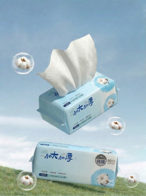 把漂浮的洁面巾包装设计中，包围棉花的蓝色色块调成天蓝色，其他不变预览效果