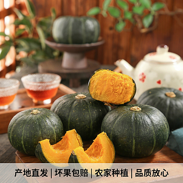 [主图5] 贝贝小南瓜全家福和服务承诺展示，画面中同时摆放完整带皮贝贝南瓜和切开的几块南瓜，整齐排列展示不同形态，背景保持农家木质风格，统一自然光影。画面底部设置半透明悬浮条（两端留空），横向排列服务承诺：“产地直发 | 坏果包赔 | 农家种植 | 品质放心”白色字体。整体清晰展示产品全貌，打消购买顾虑，风格和光影与前四张保持统一。