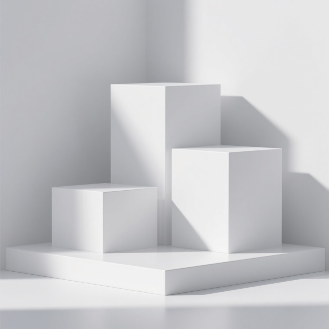 一张写实风格的白色几何展示台图片，画面中由三个不同高度的白色几何体块构成展示平台，呈现出简洁的立体结构。采用柔和的自然光照明，光线从左上方照射，在几何体块表面形成自然的明暗过渡和清晰的投影，展现出光滑细腻的白色哑光材质质感。整体构图简洁大方，以纯白色为基调，背景为纯白色，突出展示台的立体形态和空间感，营造出简约、现代、专业的氛围，适合作为产品展示的舞台背景。预览效果