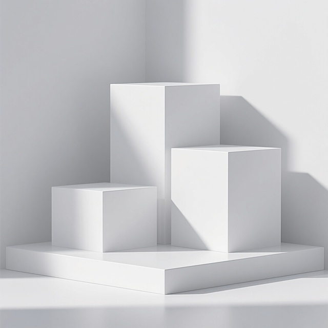 一张写实风格的白色几何展示台图片，画面中由三个不同高度的白色几何体块构成展示平台，呈现出简洁的立体结构。采用柔和的自然光照明，光线从左上方照射，在几何体块表面形成自然的明暗过渡和清晰的投影，展现出光滑细腻的白色哑光材质质感。整体构图简洁大方，以纯白色为基调，背景为纯白色，突出展示台的立体形态和空间感，营造出简约、现代、专业的氛围，适合作为产品展示的舞台背景。