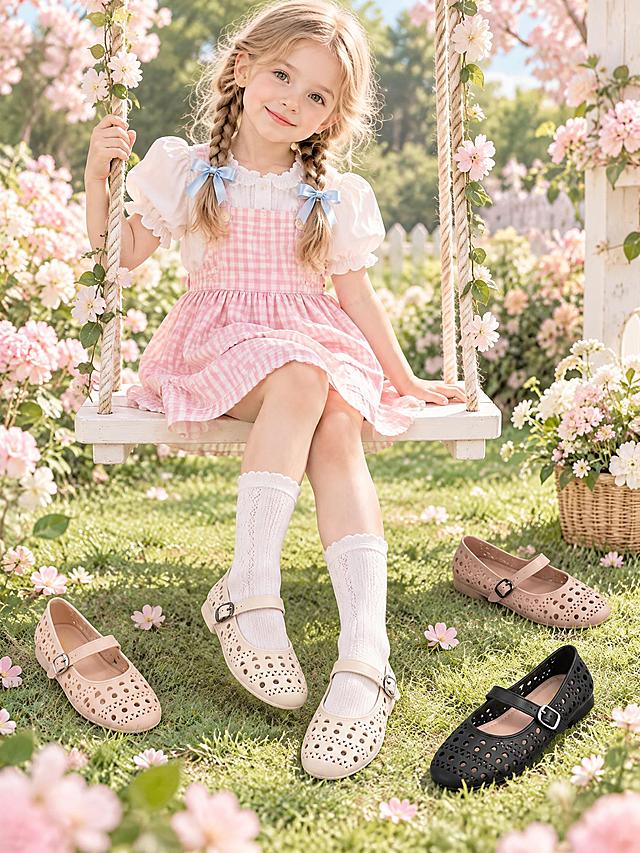 8K超清春季童鞋新品电商促销海报，户外花园自然柔光，光影通透干净，整体樱花粉为主色，奶油白与婴儿蓝为辅色，薄荷绿嫩叶点缀，低饱和马卡龙色系，甜美可爱，竖版3:4大促海报构图。

主体为一名女童，浅金色长发编成低双麻花辫、用婴儿蓝丝带系住，神态恬静可爱、面部干净自然；她坐在户外白色小秋千上，双腿自然前伸错落摆放，一手轻扶秋千绳，一手搭于身侧，姿态松弛可爱，清晰展示鞋款上脚效果。穿搭为童趣可爱风：白色泡泡袖娃娃衫，外搭樱花粉背带裙（裙身带小格纹），白色中筒袜，整体软萌精致。

场景简约不单调：身后浅粉花丛、白色小秋千与虚化绿树，身旁草地上自然散放着单只鞋子。上脚鞋位于画面下半部分完整清晰展示、鞋面完整朝向镜头；地上的单只鞋彼此分散、角度错落，每只单独摆放在草地上、不成双并排，鞋底与鞋面结构清晰区分。

【鞋子参考图强制声明】上传参考图是玛丽珍童鞋，不是凉鞋也不是拖鞋：封闭圆头鞋面配脚背细带与小方形金属扣，鞋面为满版小型镂空孔洞，孔洞位置、数量、形状、大小严格按参考图还原，孔洞处透见袜子或皮肤的真实材质，不得填平孔洞，不得把镂空孔洞误判为鞋底、鞋面缺失或其他结构，也不得把鞋面改成无孔的封闭鞋面。四组参考图严禁混淆，严格对应：图1-2 的象牙白色（米白色鞋身、深色小方扣）＝上脚鞋；图3-4 的裸杏色（浅裸粉色鞋身）＝地上第一只；图5-6 的浅驼裸粉色（略深暖驼粉色鞋身）＝地上第二只；图7-8 的纯黑色（黑色鞋身、银色小方扣）＝地上第三只。四款颜色互不混淆，颜色、样式、材质、扣件细节完全一致，透视光影自然贴合画面。鞋子不做文字描述，严格按参考图生成。鞋的鞋垫与内里为纯净表面：无任何文字、字母、品牌字样、手写体字样、压印或图案。

画面必须避免：凉拖鞋结构或开放鞋头、镂空孔洞被填平或误生成鞋底鞋面缺失、鞋面变成无孔封闭鞋面、四款颜色混淆或色差偏离参考图、地上鞋子成双并排摆放、上脚鞋未完整清晰展示、鞋垫内里出现任何文字字母手写字样或压印、儿童面部脏污或表情怪异、多手多指或肢体错乱、背景出现多余道具与杂乱元素、画面出现任何文字水印、光影灰暗发闷、过度饱和或颜色失真。