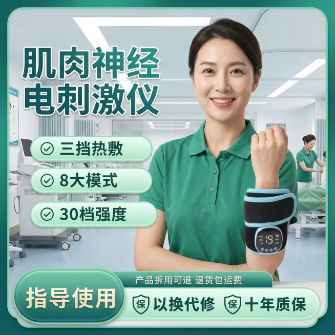 基于原图修改，保留肌肉神经电刺激仪产品不变，更换模特，背景改为康复中心理疗室场景，卖点文字内容不变，调整文字颜色和框架模板，第二张风格为绿色清新风，整体高清专业预览效果