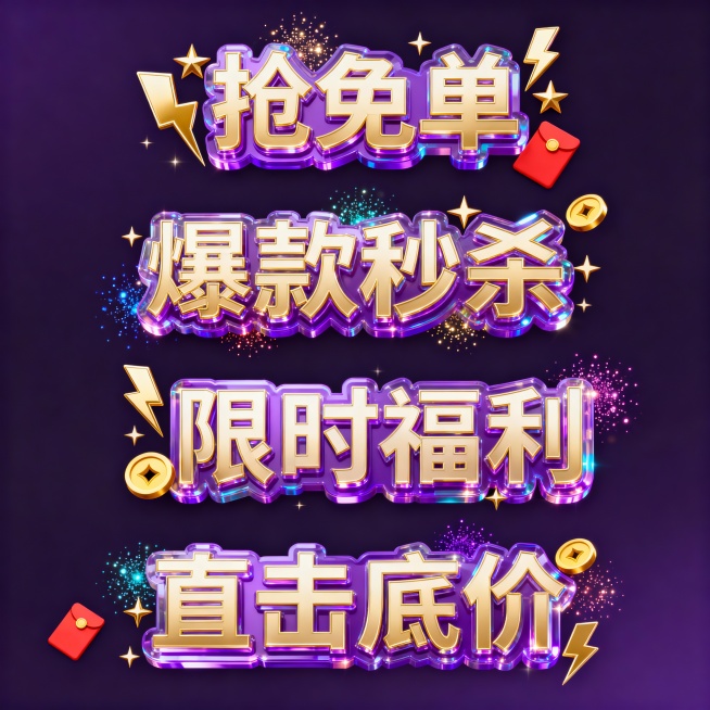 四组电商促销花字，文字分别为“抢免单”“爆款秒杀”“限时福利”“直击底价”，竖排排列整齐。每个花字周围有闪电、星星、箭头、红包、金币等装饰元素。配色采用烫金与炫酷紫，具有多层玻璃质感，点缀炫彩粒子。预览效果