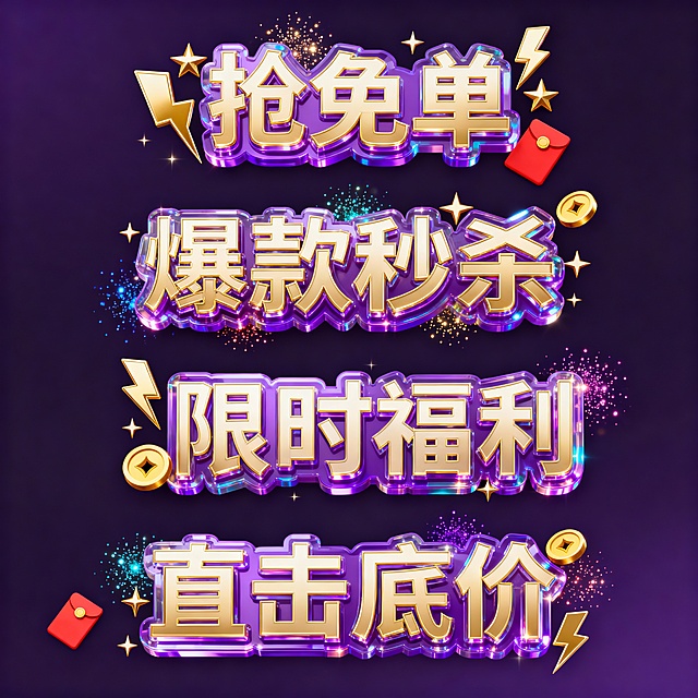 3D立体鎏金大字，搭配霓虹光效与粒子爆炸，金属质感闪耀，融合闪电、红包元素，营造奢华酷炫促销氛围，节日限定福利感十足。