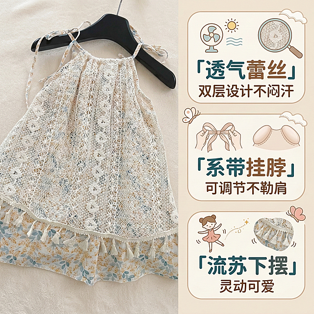 童装卖点详情图，米白色蕾丝碎花吊带女童连衣裙，浅米色背景，左侧展示产品整体，右侧分三点标注核心卖点：1.「透气蕾丝」双层设计不闷汗 2.「系带挂脖」可调节不勒肩 3.「流苏下摆」灵动可爱，文字用圆体，主次分明，整体风格亲和温暖，1:1比例